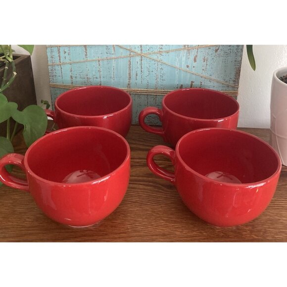 Crate & Barrel Waechtersbach Fun Factory Red Coupe Jumbo Christmas Mugs 4 Pc - Picture 1 of 10